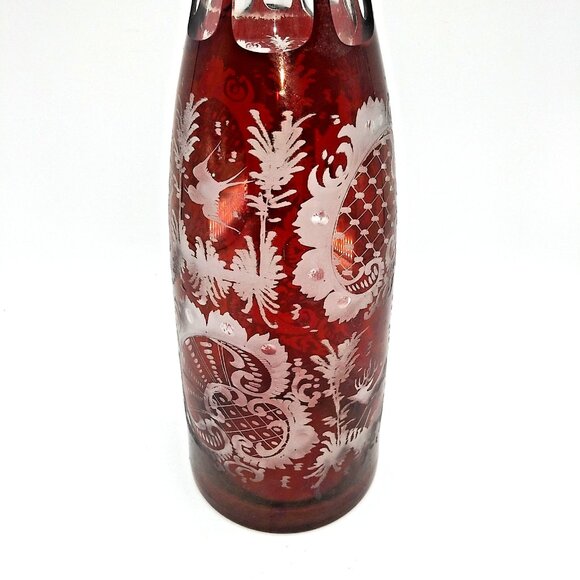 Czechoslovakia 15" Decanter Christmas Holiday Cranberry Red Crystal Cut to clear - Picture 8 of 10